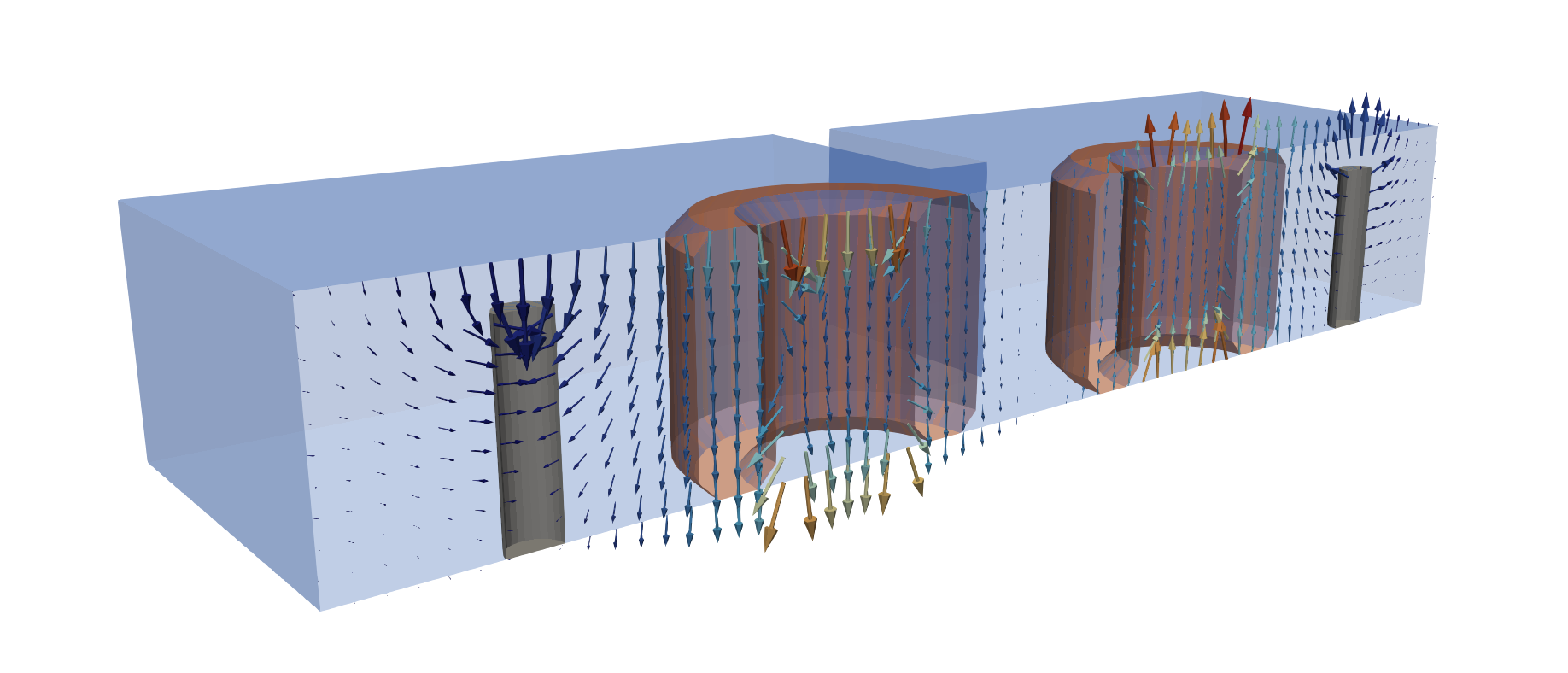 Electric field vectors in a two-pole dielectric resonator filter, where two ceramic pucks stand in a metal housing, separated by a wall with a coupling window, with a probe pin at each end.